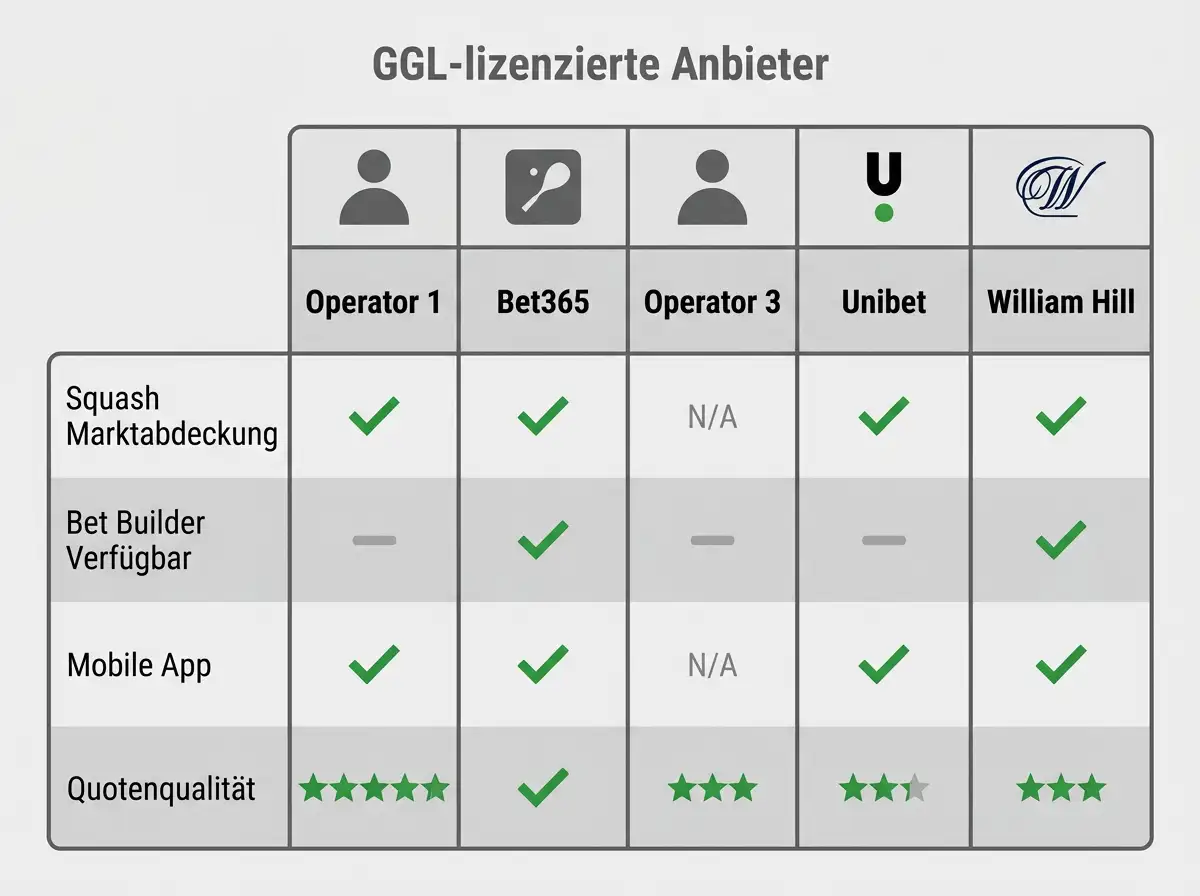 Übersicht deutscher GGL-lizenzierter Sportwetten-Anbieter mit Bet Builder Funktion für Squash