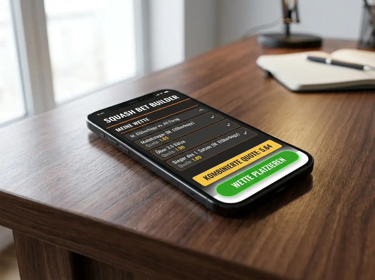 Bet Builder Squash: Eigener Wettschein mit kombinierten Squash-Märkten auf einem Smartphone