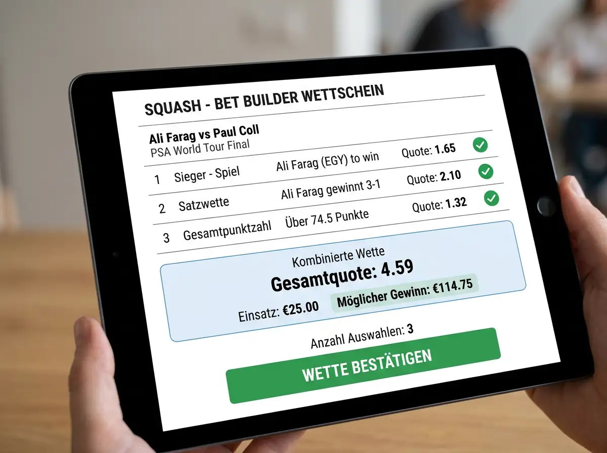 Beispiel eines ausgefüllten Squash Bet Builder Wettscheins mit drei kombinierten Märkten