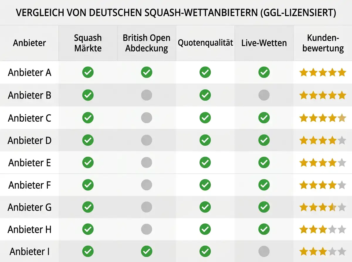 Anbietervergleich für British Open Squash Wetten: GGL-lizenzierte Buchmacher mit Marktabdeckung und Quotenqualität