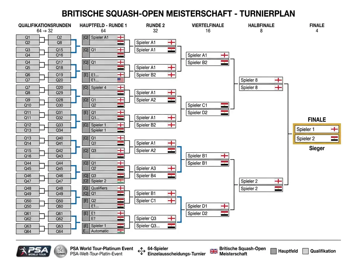 Turnierformat der British Open Squash Championship mit Runden, Spielformat und PSA-Einordnung