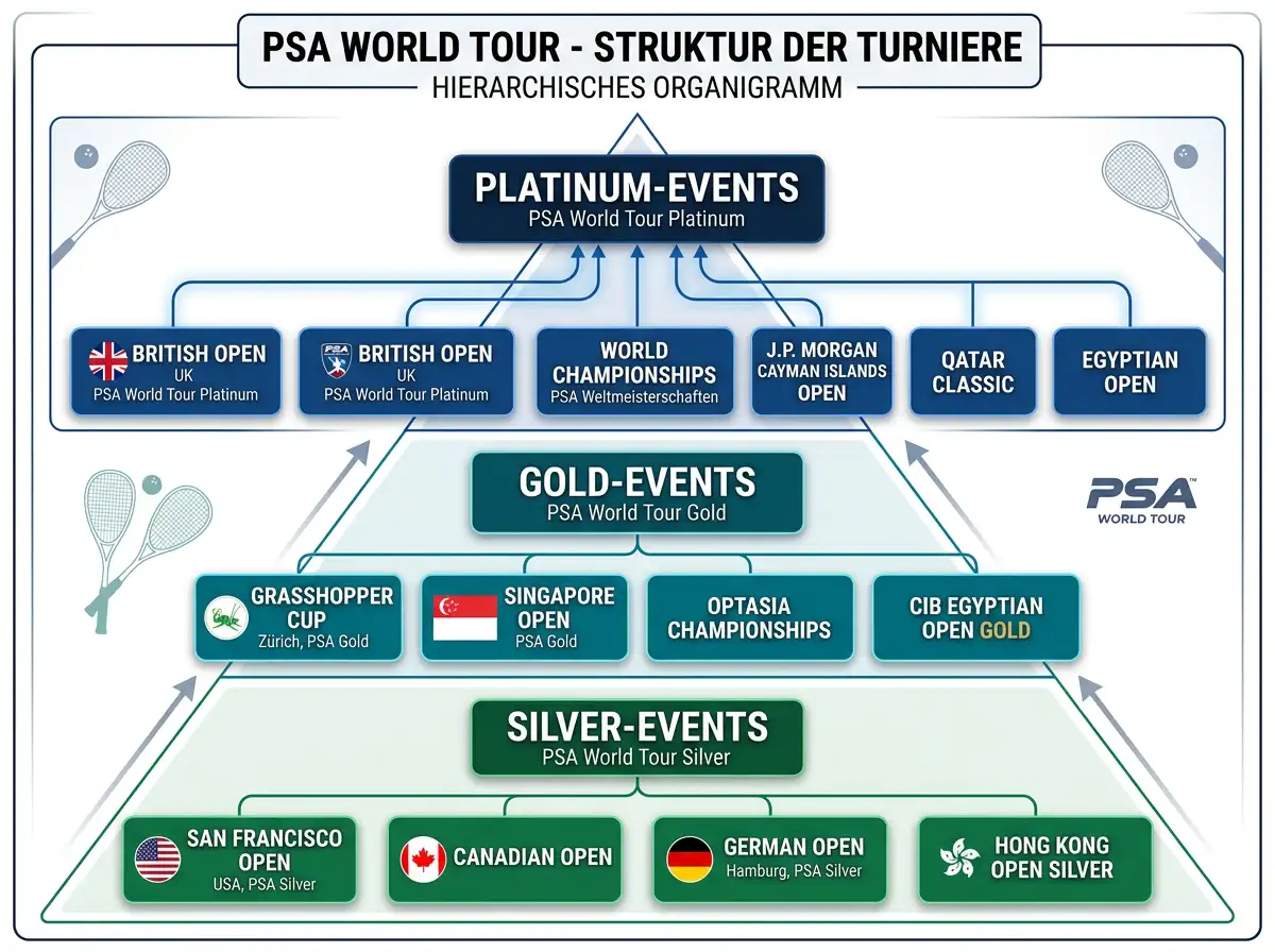 PSA World Tour Turnierstruktur – Platinum-, Gold- und Silver-Events im Überblick für Squash-Wetter