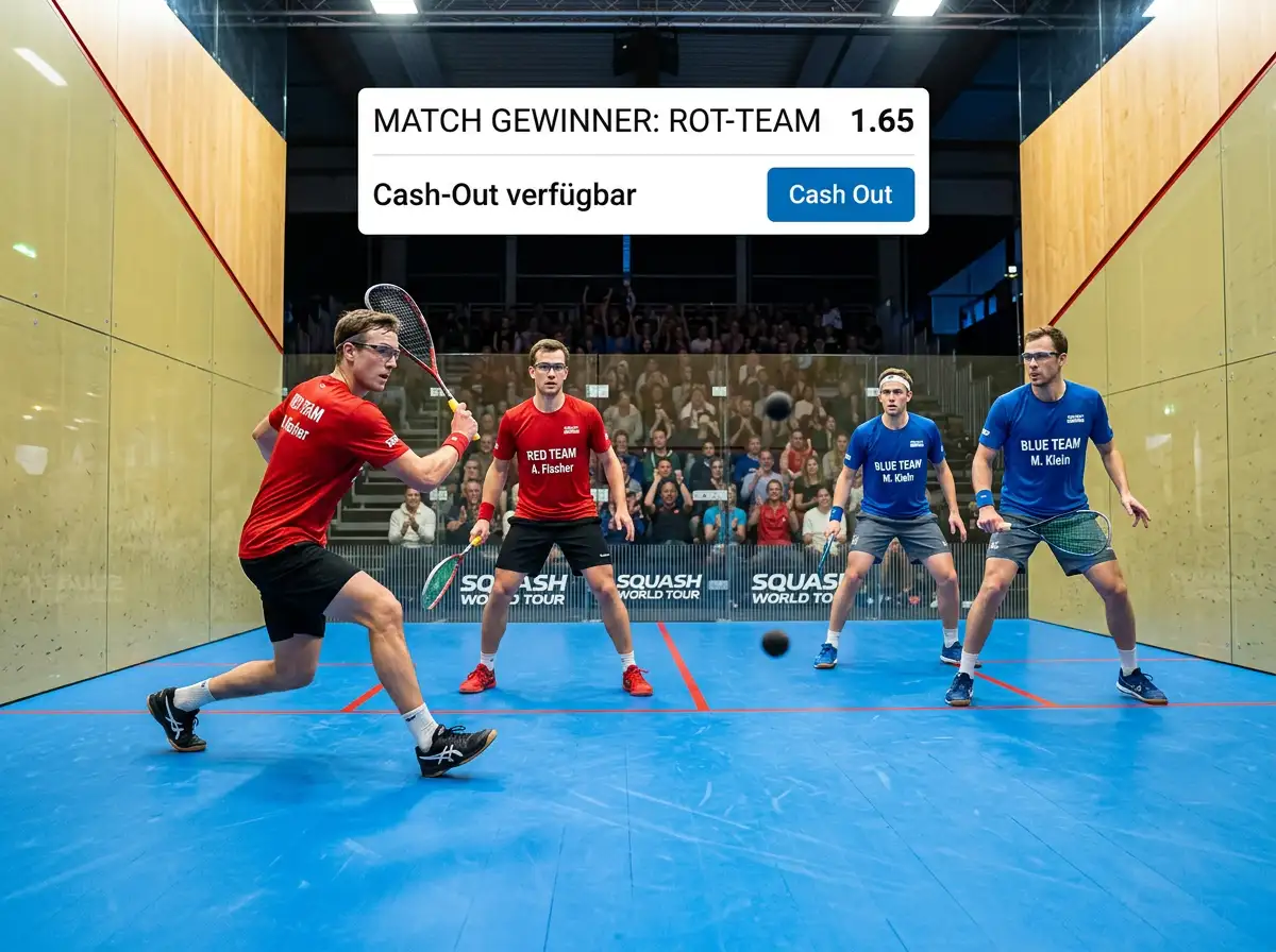 Squash Doppel Wetten: Zwei Spielerpaare beim Doubles-Match mit Wettquoten und Marktübersicht