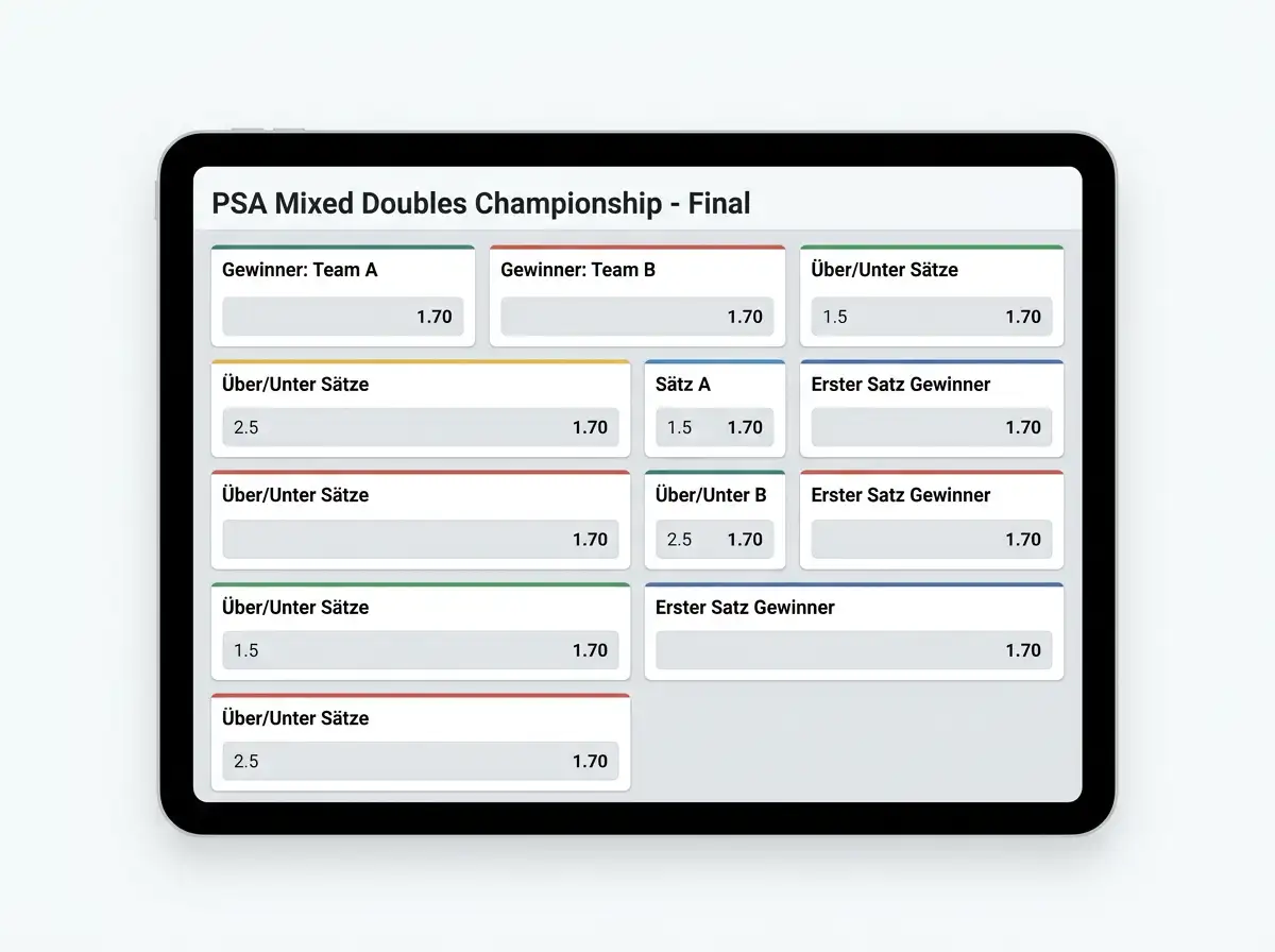 Squash Doppel Wettmarkt-Übersicht: verfügbare Märkte für Doubles-Matches bei PSA-World-Tour-Events
