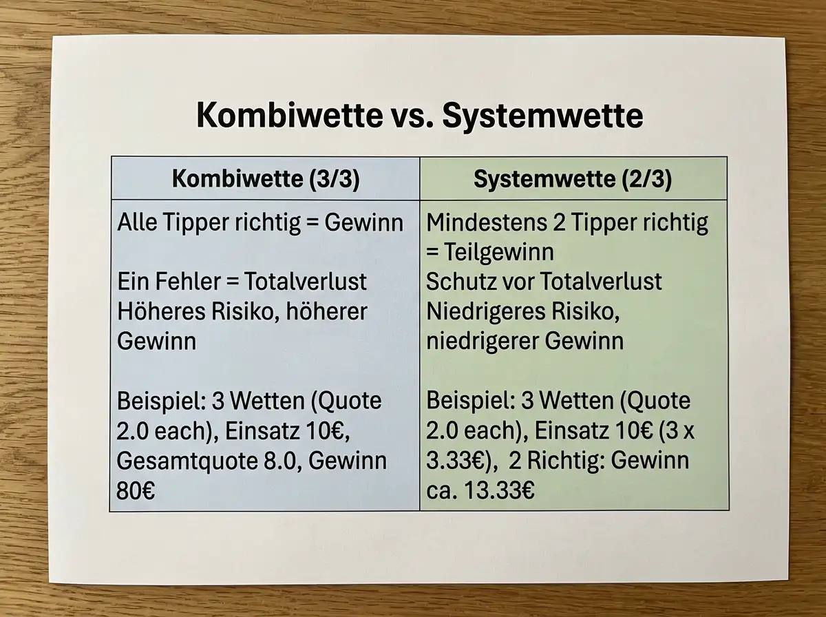 Kombiwette vs Systemwette Squash Unterschied Teilgewinn Risiko Einsatz Berechnung