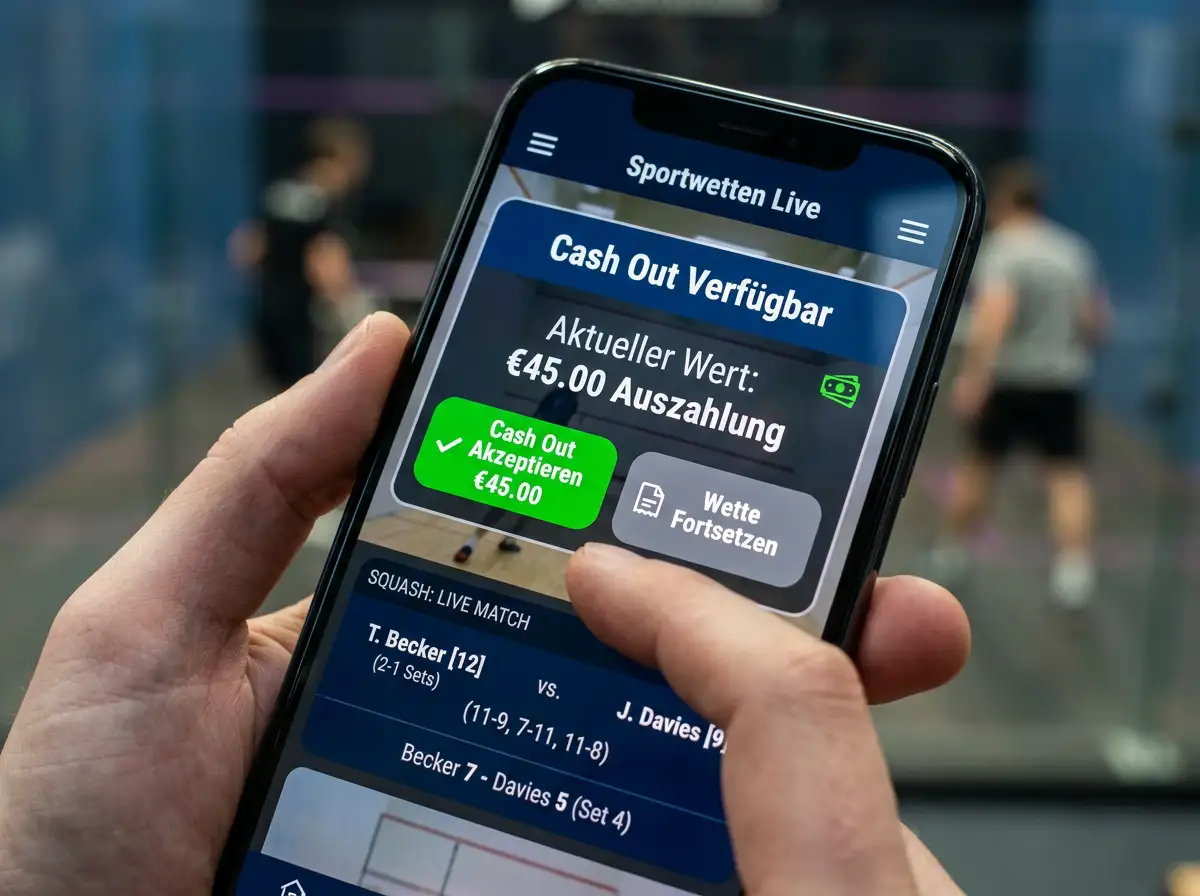 Cash-Out Funktion Squash Wetten App vorzeitige Auszahlung In-Play Squash-Match Deutschland
