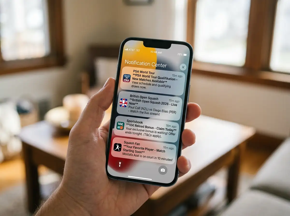 Push-Nachrichten Squash Wetten App Turnierstart Marktöffnung PSA World Tour Benachrichtigungen
