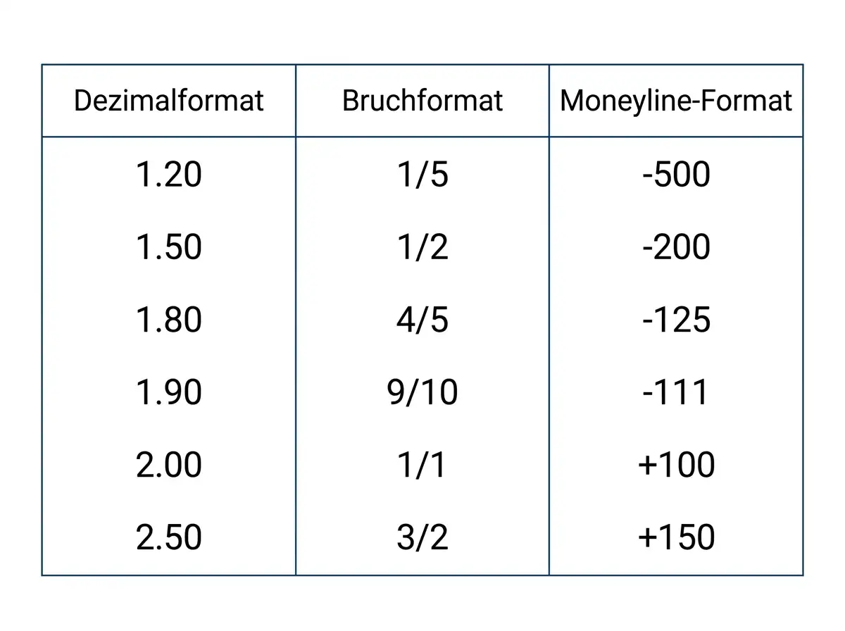 Vergleich der drei Wettquoten-Formate – Dezimal, Bruch und Moneyline – für Squash-Sportwetter