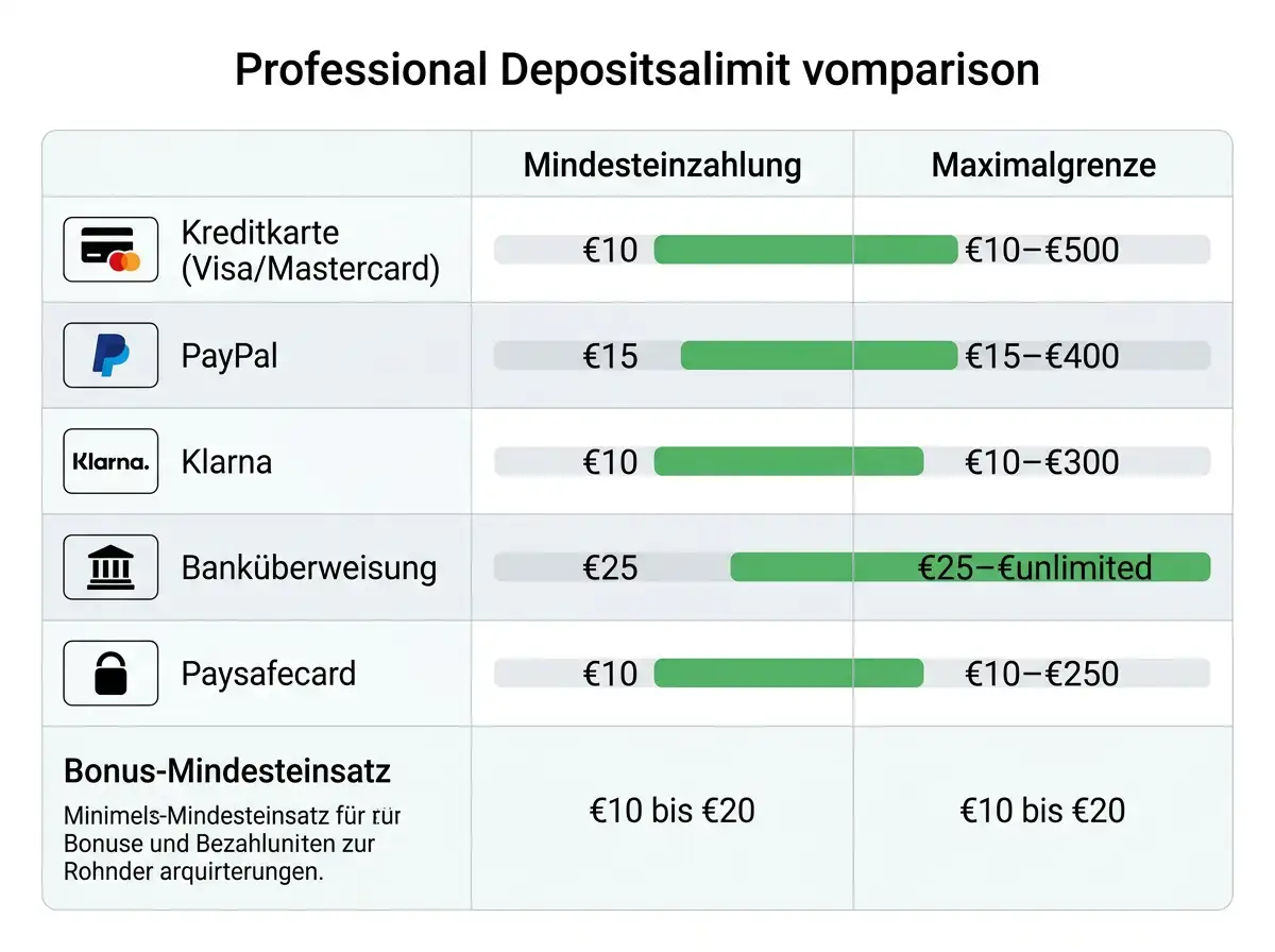 Einzahlungslimits Vergleich bei deutschen Sportwetten-Anbietern: Mindesteinzahlung und Maximalgrenze je Zahlungsmethode