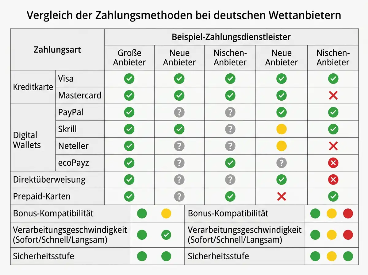Übersicht der Zahlungsmethoden für Sportwetten in Deutschland mit Bonus-Kompatibilität und Einzahlungslimits